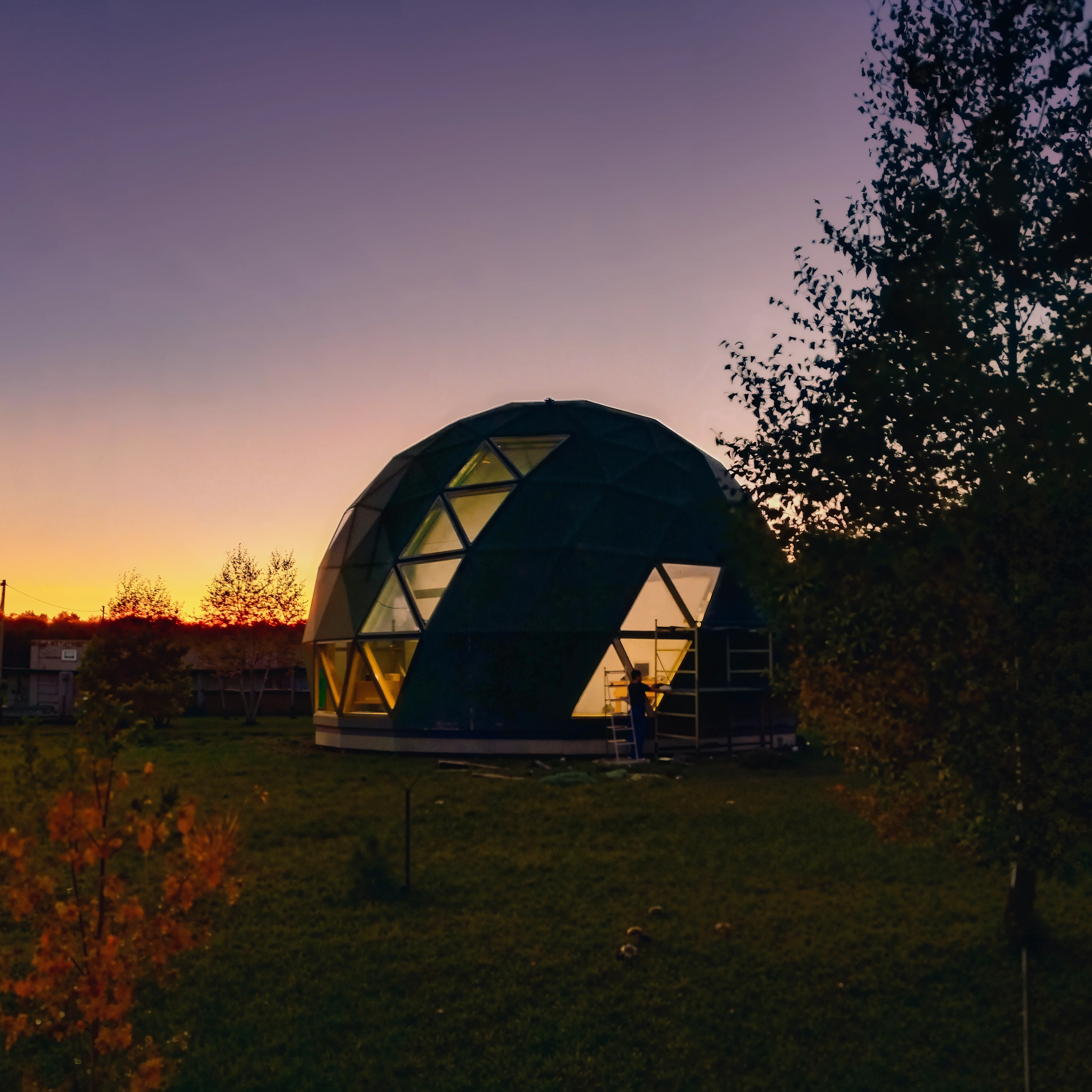 Sketch of a geodesic dome house in a meadow.